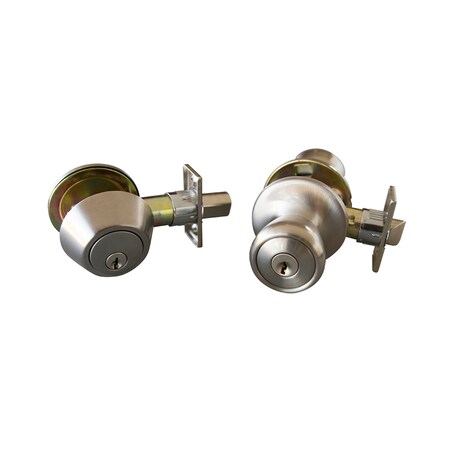 Design House Nickel Entry Door Knob and Sgl Cylndr Deadbolt W/ Unvrsl6-Way Latch 728683